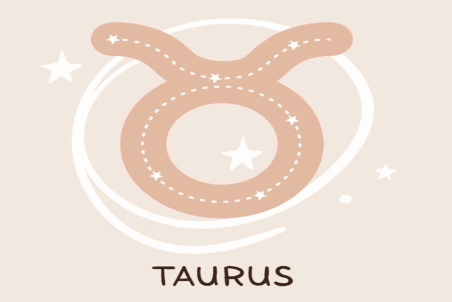 Ilustração do símbolo de Touro em tom bege, com linhas pontilhadas e estrelas brancas formando uma constelação em seu interior. Ao redor, há traços circulares e estrelas sobre um fundo claro.