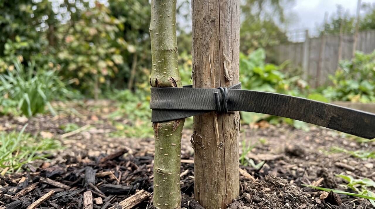 Como usar estaca em árvore recém-plantada? Entenda por que a amarração deve ser flexível, como evitar danos à casca e por quanto tempo manter o tutor.