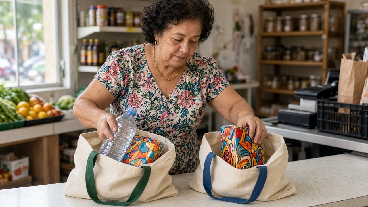 Dividir os itens pesados entre as sacolas deixa a carga equilibrada – Imagem ilustrativa criada por inteligência artificial