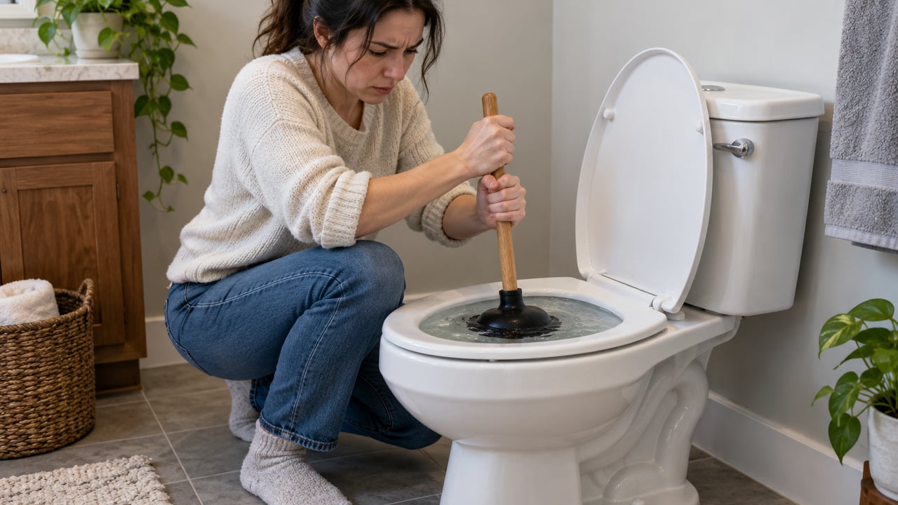Água subindo perto da borda e descendo devagar indicam uma obstrução que exige desentupidor ou avaliação profissional – Imagem ilustrativa criada por inteligência artificial