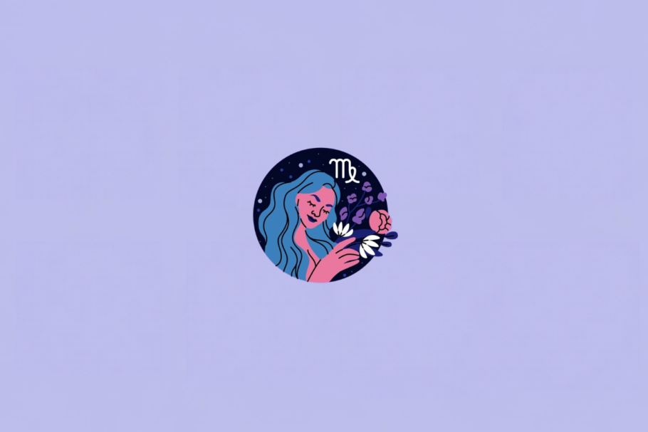 Ilustração do signo de Virgem, representado por uma mulher estilizada de cabelos azuis segurando um buquê de flores. Ela tem pele rosa e veste uma peça azul. Há flores roxas e brancas ao lado dela. O símbolo de Virgem aparece em branco na parte superior direita. Ao fundo há um círculo azul-marinho com pequenos pontos claros. Em fundo roxo-claro.
