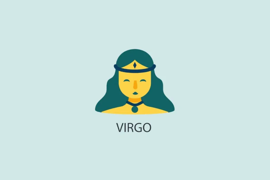 Ilustração vetorial em estilo plano do rosto de uma mulher de cabelos longos e tiara, em tons de amarelo e azul, sobre um fundo azul-claro com a palavra "VIRGO" escrita abaixo.