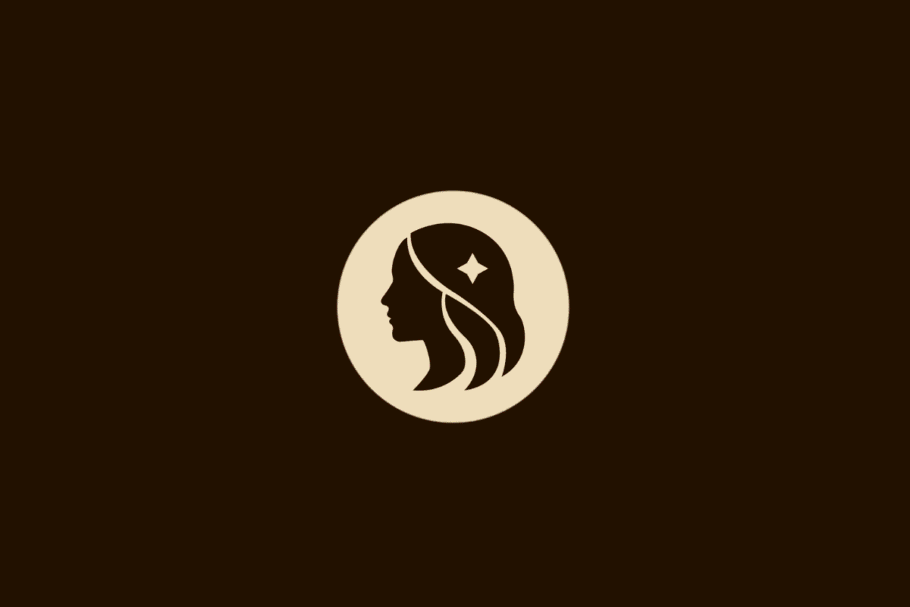 Ilustração vetorial do signo de Virgem, representada pelo perfil da cabeça de uma mulher com cabelos longos e uma estrela de quatro pontas ao lado, dentro de um círculo bege sobre fundo marrom.