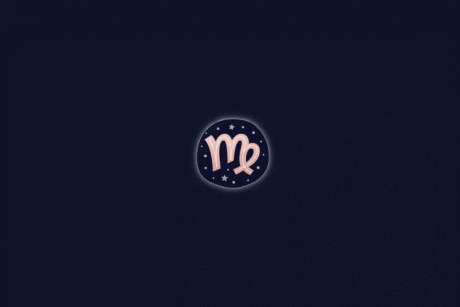 Ilustração do símbolo astrológico do signo de Virgem em tom de rosa-claro, com linhas curvas que formam uma letra semelhante a um "M". O desenho está centralizado em um círculo decorado com pequenas estrelas brancas, sobre um fundo azul-marinho escuro.