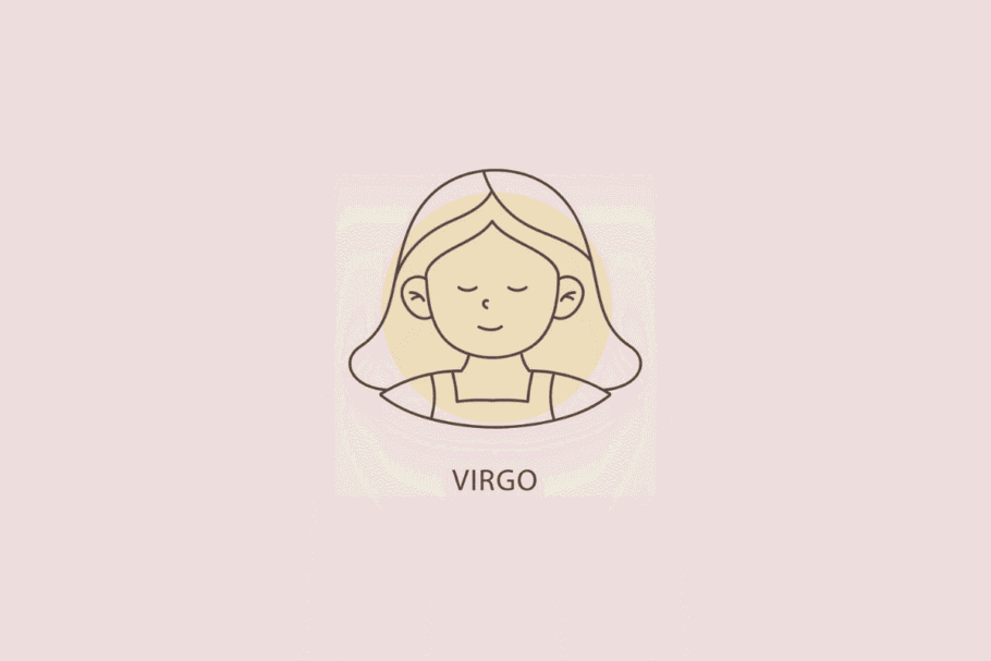 Ilustração em linhas finas do rosto de uma mulher com cabelos longos e olhos fechados, com um círculo bege ao fundo e a palavra "VIRGO" abaixo.