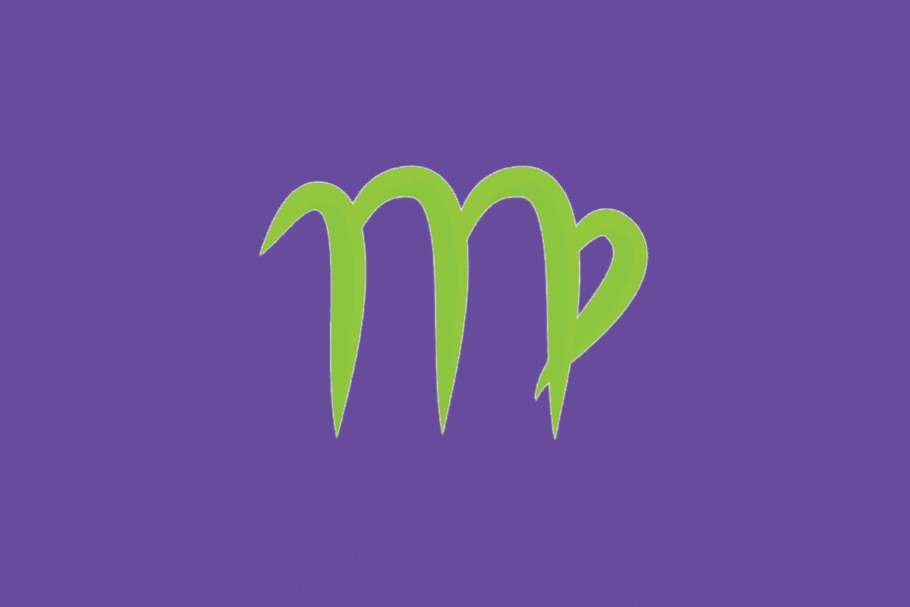 O símbolo astrológico do signo de Virgem em verde-claro sobre um fundo roxo