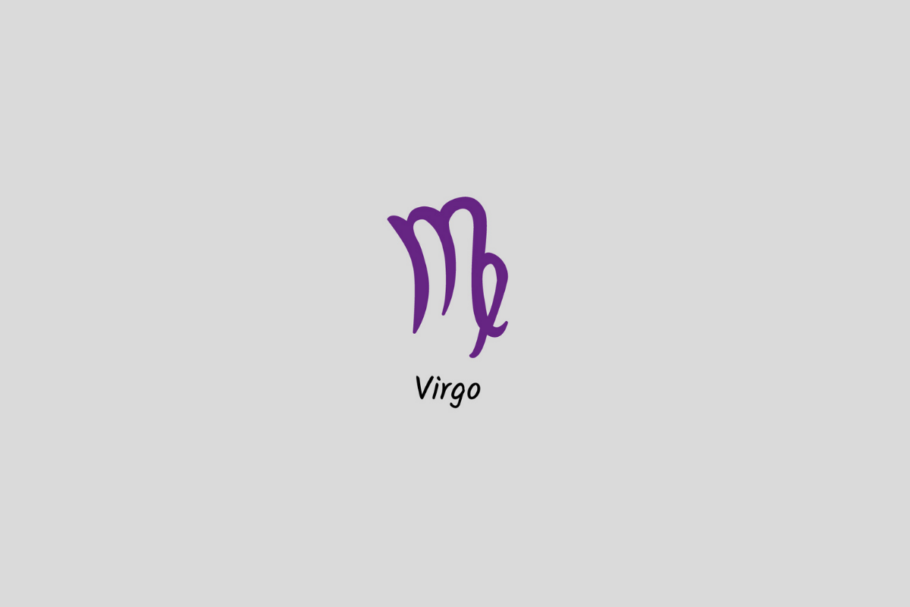 Ilustração do signo de Virgem em roxo, com o nome abaixo, centralizada sobre um fundo cinza-claro