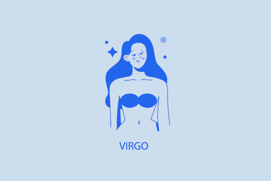 Ilustração minimalista em tons de azul e branco representando o signo de Virgem. Mostra o busto de uma pessoa sorridente com cabelos longos, acompanhada de pequenos pontos e uma estrela ao fundo. Na parte inferior, está escrita a palavra "VIRGO" em letras maiúsculas azul-escuro.