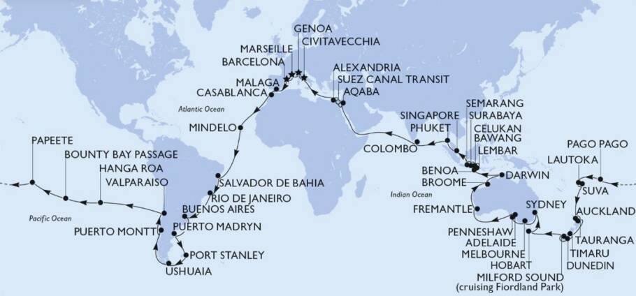 Roteiro terá 119 noites e inclui 15 excursões terrestres em destinos selecionados