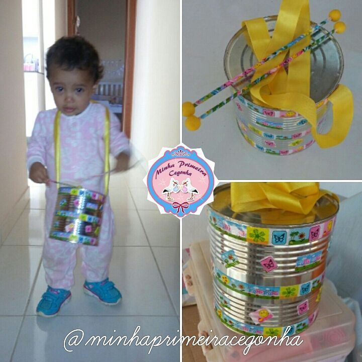 Você pode também usar aquelas latas de leite e fazer um tamborzinho. Uma fita para a alça, durex colorido para decorar, adesivos, cola quente e pronto.
