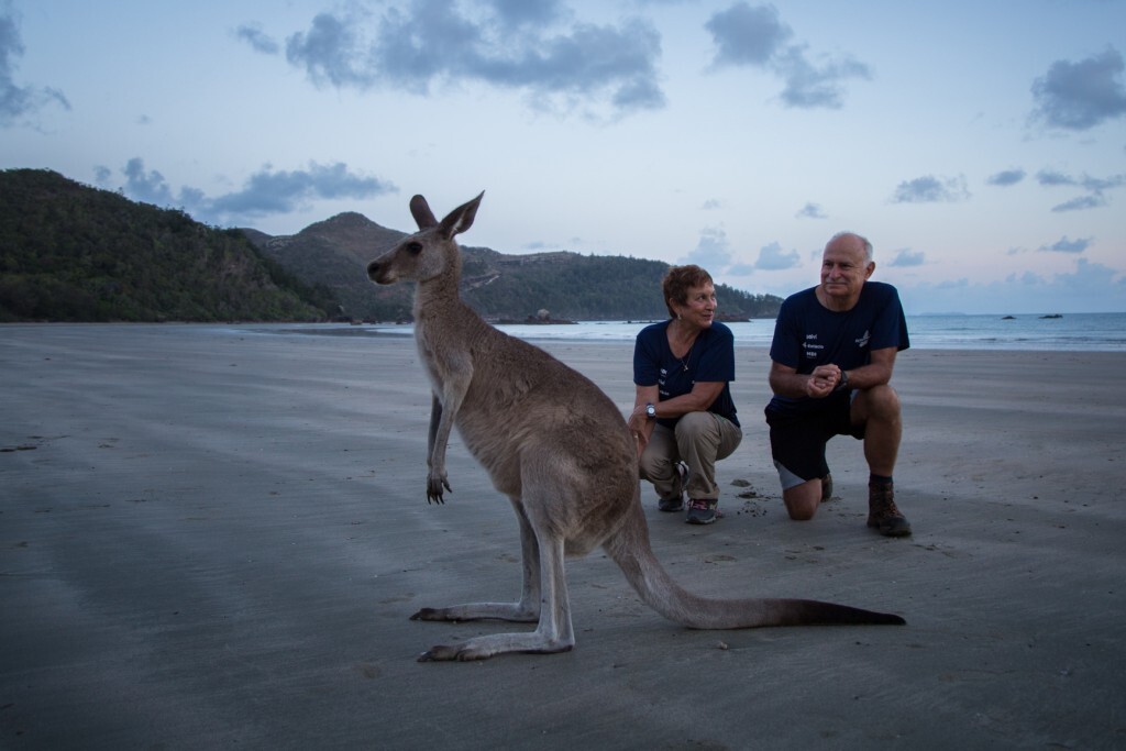 Heloísa e Vilfredo Schurmann observam canguru na praia do Cape Hillsborough, na Austrália