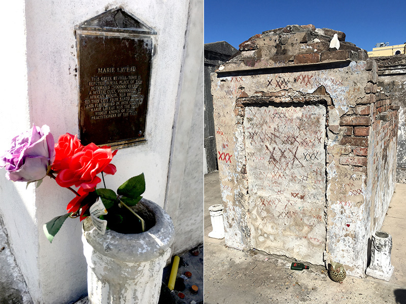 À esquerda o túmulo oficial de Marie Laveau e à direita um de seus supostos túmulos marcados com os “XXX”