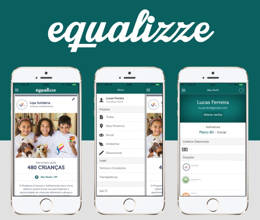 Telas do aplicativo Equalizze mostram como selecionar os projetos sociais que receberão as doações