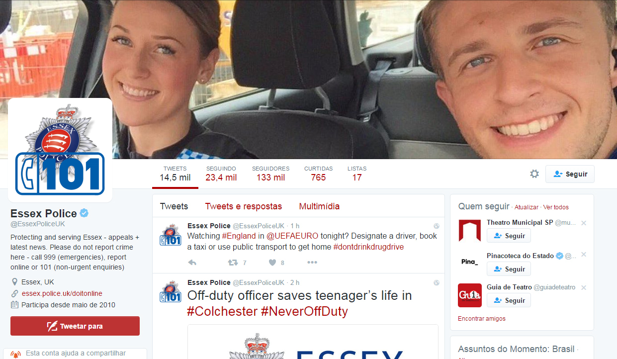O departamento policial de Essex colocou a foto como imagem de capa nas redes