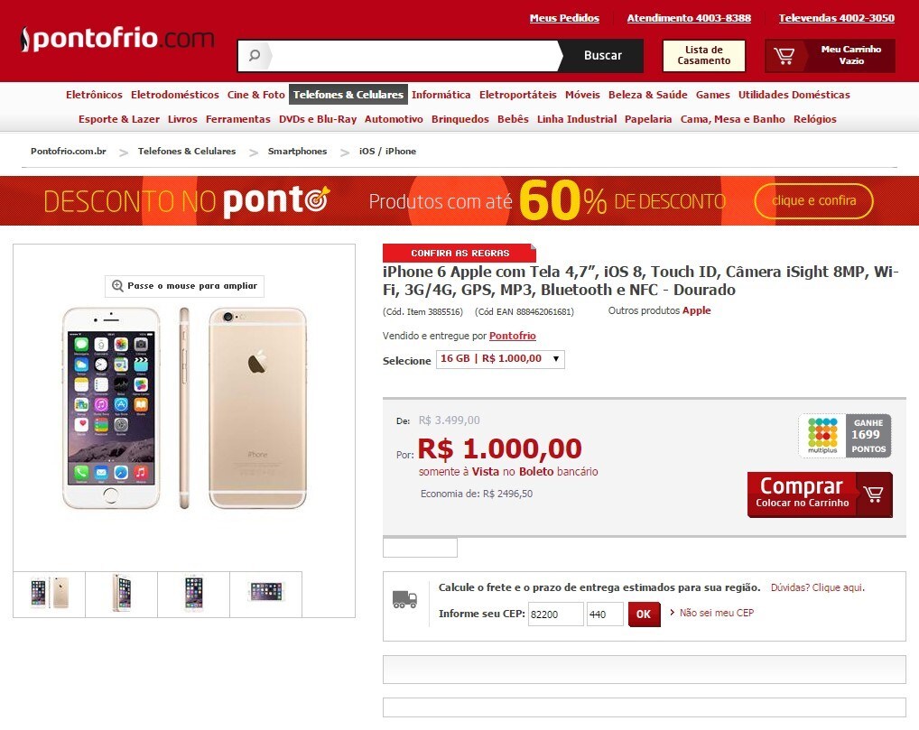 Site falso imita as características do site original e oferece iPhone 6 por apenas R$ 1 mil